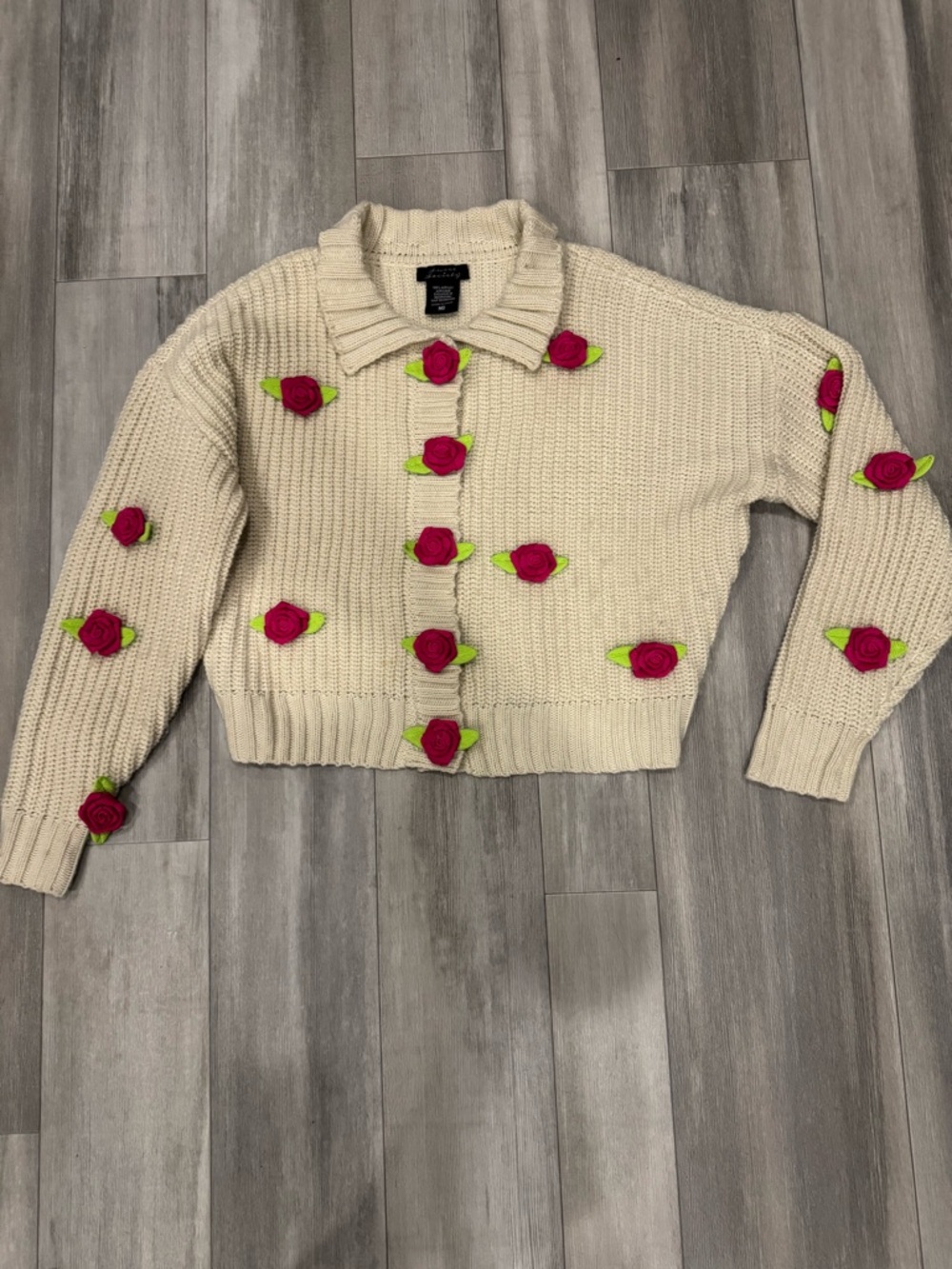Sweet Society Cropped Cream Knit Cardigan with Pink Rose Appliqués